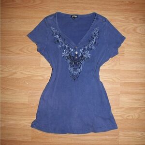 Blue Embroidered Short Sleeve Top